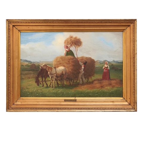 Vilhelm Pedersen, 1820-59, oil on canvas. Danish 
Golden Age harvest motif. Visible size: 28x43cm. 
With frame: 39x54cm