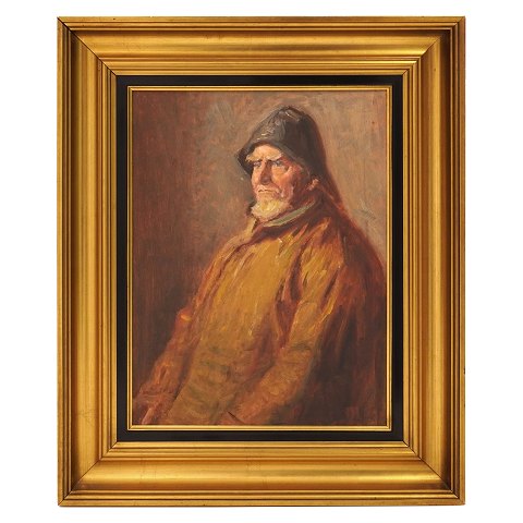 Michael Ancher fiskeportræt. Michael Ancher, 
1949-1927, olie på træ. Signeret "MA". Bagside 
betegnet "Jens Bagh Madsen 1920". Lysmål: 29x39cm. 
Med ramme: 36x46cm