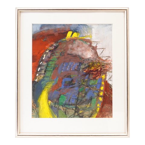 Jørgen Nash maleri. Jørgen Nash, 1920-2004, mixed media på papir. Signeret. Lysmål: 29x24cm. Med ramme: 40x34cm