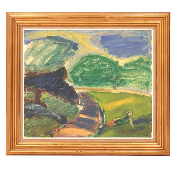 Erik Hoppe maleri. Erik Hoppe, 1897-1968, olie på lærred. Motiv fra 
Søndermarken. Signeret. Lysmål: 56x66cm. Med ramme: 76x86cm