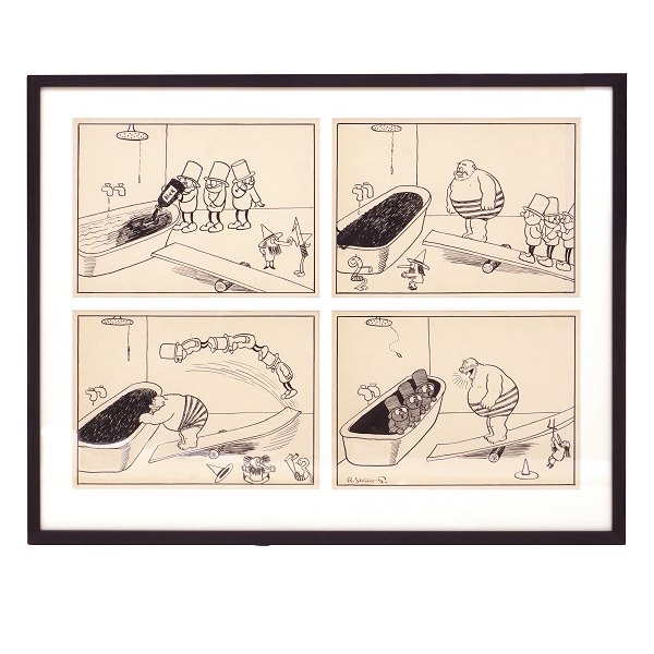 Storm P. Tegning. Robert Storm Petersen, 1882-1949, blyant og tusch. Fire 
originaltegninger bragt i "Verden og Vi" 1913-16, hvor "De Tre Små Mænd" og 
"Nummermanden" blev introduceret. Hver tegning måler ca. 20x27cm. Mål med ramme: 
52x65cm