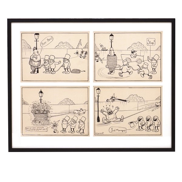 Storm P. Tegning. Robert Storm Petersen, 1882-1949, blyant og tusch. Fire 
originaltegninger bragt i "Verden og Vi" 1913-16, hvor "De Tre Små Mænd" og 
"Nummermanden" blev introduceret. Hver tegning måler ca. 20x27cm. Mål med ramme: 
52x65cm