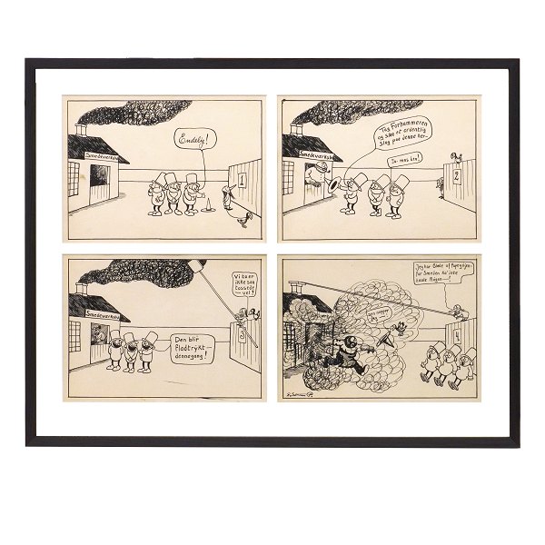 Storm P. Tegning. Robert Storm Petersen, 1882-1949, blyant og tusch. Fire 
originaltegninger bragt i "Verden og Vi" 1913-16, hvor "De Tre Små Mænd" og 
"Nummermanden" blev introduceret. Hver tegning måler ca. 20x27cm. Mål med ramme: 
52x65cm