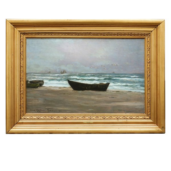Carl Locher Skagen. Carl Locher, 1851-1915, olie på træ. Betitlet "Paalandsstorm 
Skagen Sønderstrand 1886". Signeret og dateret 1886. Lysmål: 47x75cm. Med ramme 
71x99cm