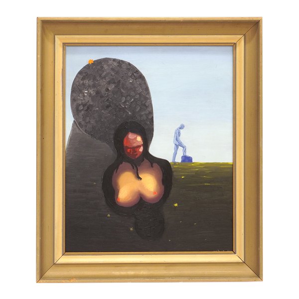 Vilhelm Bjerke Petersen maleri. Vilhelm Bjerke Petersen, 1909-57, olie på plade. 
Komposition signeret og dateret 1944. Lysmål: 39x32cm. Med ramme: 50x43cm