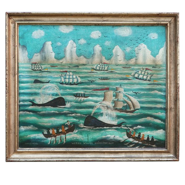Parti med hvalfangere ud for Grønlands kyst, olie på lærred Signeret og dateret 
"Landenne 55" (år 1855). Betitlet "Valfiske Utanför Grönlands-Kust". Lysmål: 
61x72cm. Med ramme: 72x83cm
