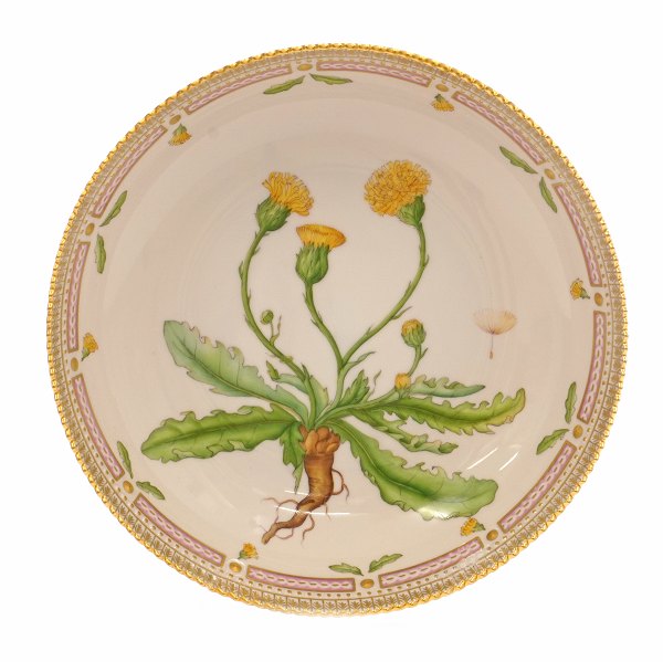 Royal Copenhagen Flora Danica rund skål #3505. "Leontodon hirtum Müll". År 
1979-83. H: 6cm. D: 25cm