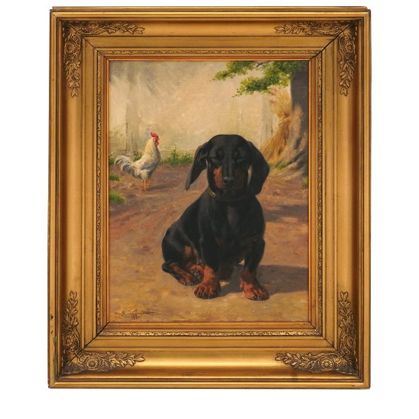 Simon Simonsen maleri. Simon Simonsen, 1841-1928, olie på lærred. Motiv i form 
af gravhund med høne. Signeret Simon Simonsen og dateret 1920. Lysmål: 23x32cm. 
Med ramme: 54x43cm