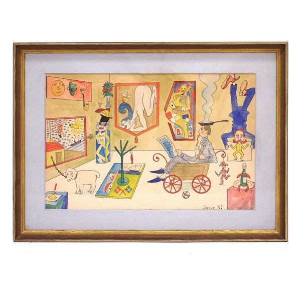 Robert Storm Petersen, 1882-1949, Danish artist and humorist. Water color on the theme of an art exhibition. Signed "Storm P.". Visible size: 30x47cm. With frame: 44x59cm