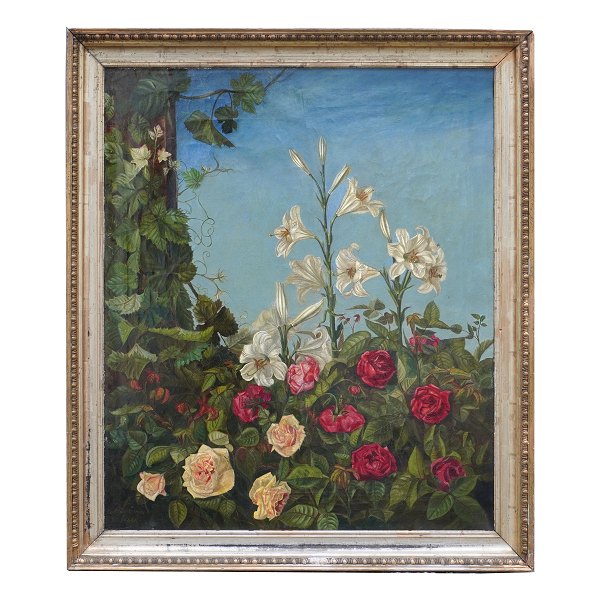 Stort stilleben med blomstermotiv, olie på lærred. Signeret "Alma Even(?) 1881". Lysmål: 82x69cm. Med ramme: 96x83cm
