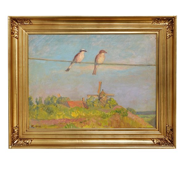 Johannes Larsen maleri. Johannes Larsen, 1867-1961, olie på lærred. Tornskader med Svanemøllen, Kerteminde. i baggrunden. Signeret 1910. Lysmål: 49x65cm. Med ramme: 68x84cm