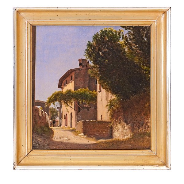 P. C. Skovgaard maleri. Peter Christian Thamsen Skovgaard, 1817-75, olie på lærred. Parti fra en italiensk gade. Signeret ”Corvara 29 aug. 1854”.Lysmål: 30x29cm. Med ramme: 39x38cm